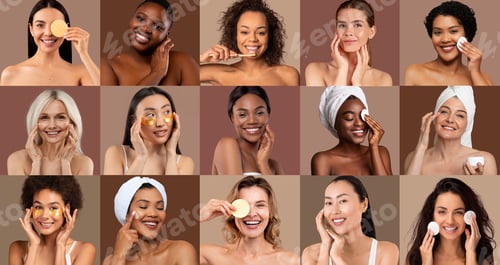 Preview: Diverse women practicing skincare with natural products in a serene setting