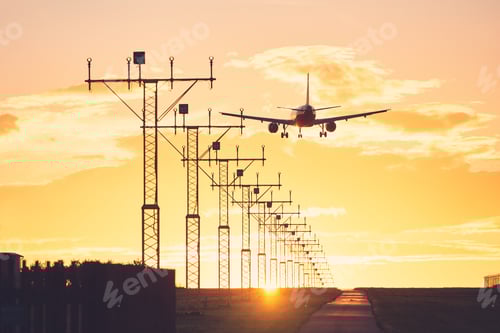 Preview: Airplane Landing at Airport During Golden Hour