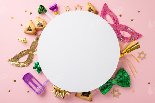 Preview: Celebrate Purim with a top view of triangle cookies, Star of David symbols, masks, bow tie