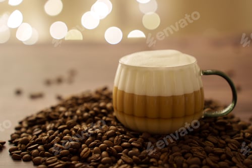Preview: Creamy cappuccino in glass among coffee beans with warm lights, creating a cozy, inviting mood.