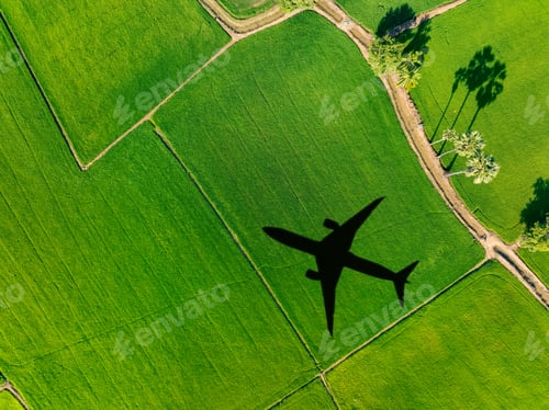 Preview: Shadow airplane flying above green field. Sustainable aviation fuel. Sustainable transportation