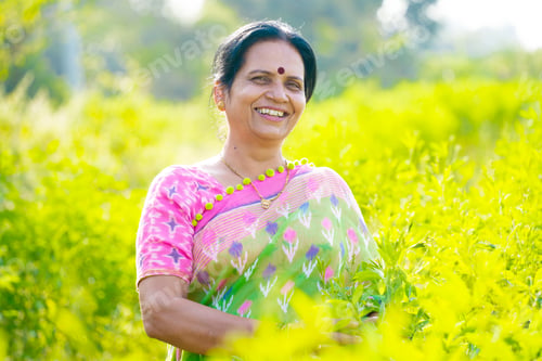 Preview: Happy Indian woman in the field at sunset.