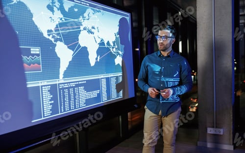 Preview: Conception of start up. Business coach against projector with data