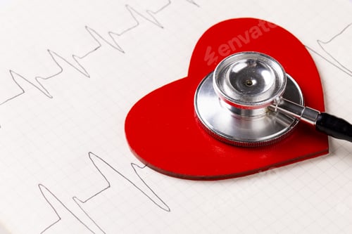 Preview: Image of red heart and stethoscope on white surface with heart rate