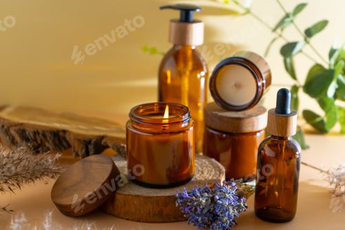Preview: Soy candles in a glass jar. Aromatherapy. Burning candle and lavender.
