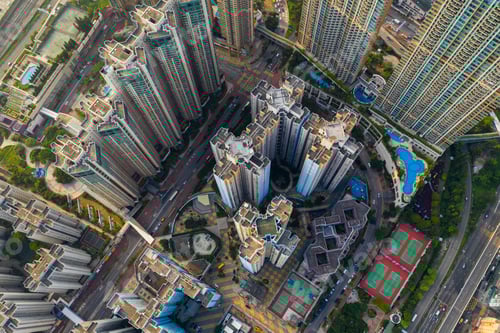 Preview: Kowloon West, Hong Kong 25 September 2019: Top view of Hong Kong city