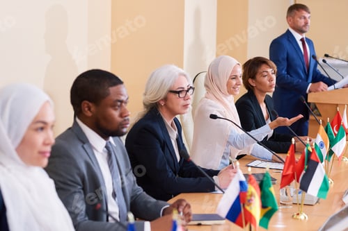 Preview: One of Muslim women in traditional hijab explaining her point of view