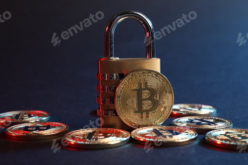 Preview: Bitcoins and padlock on blue background in red light, closeup