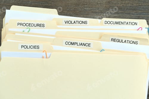 Preview: File Folders with words Compliance, Policies, Regulations, Violations, Procedures and Documentation