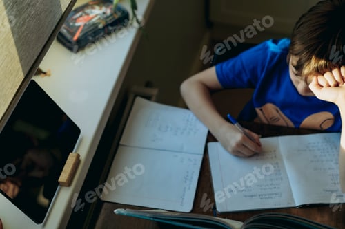 Preview: stressed tired boy doing homework at home at the desk by the window.