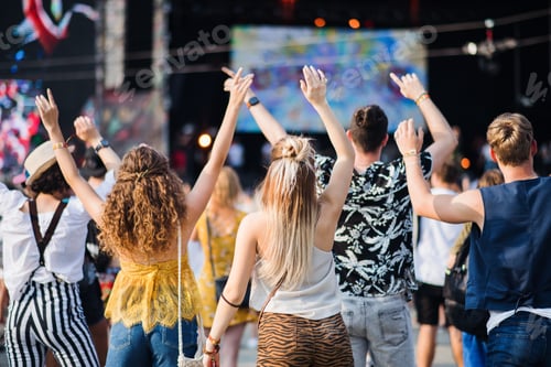 Preview: Rear view of group of young friends dancing at summer festival.