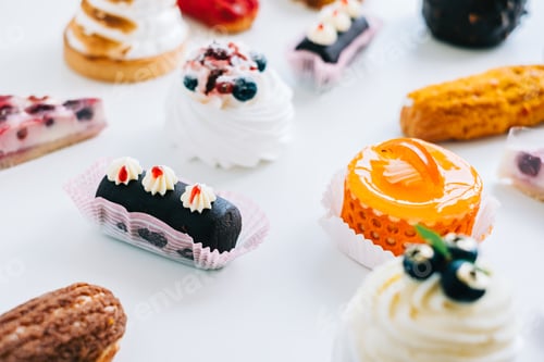 Preview: Assortment of confectionery, different types of cakes and desserts on the table.