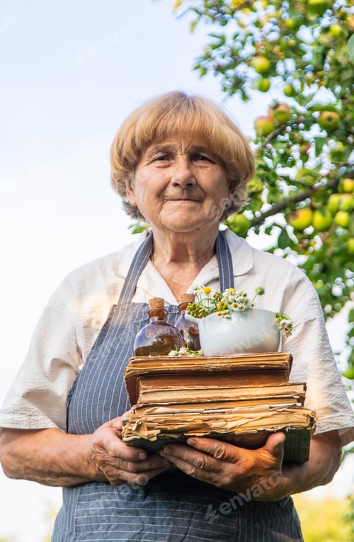 Preview: Woman with medicinal herbs in a meadow. Selective focus.