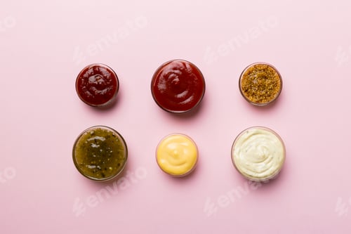 Preview: Different types of sauces in bowls on a colored Board . Top view. various sauces copy space