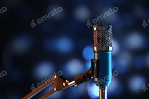 Preview: Microphone on stand against dark background with blurred lights, space for text. Bokeh effect