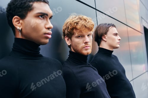 Preview: multiethnic elegant men in turtlenecks posing shoulder to shoulder standing by wall, fashion concept