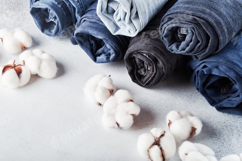 Preview: Rolled jeans and cotton flowers on light background