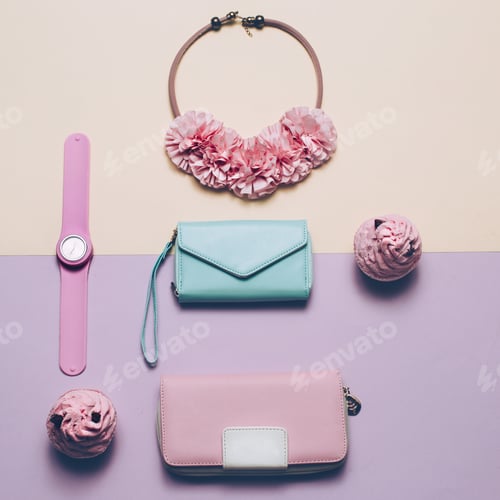 Preview: Ladies Fashion Accessories. Wallet, watch, necklace. Pastel colo