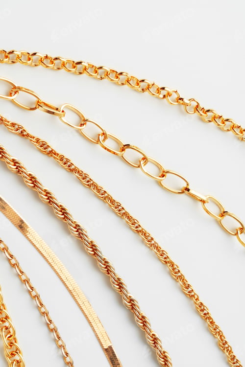 Preview: Jewelry set of golden chains on the white background