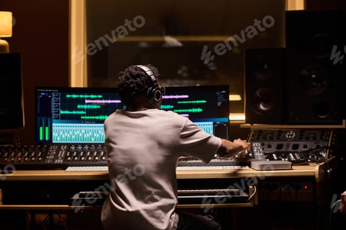 Preview: Young Adult Black Man Mixing Audio Tracks in Professional Recording Studio