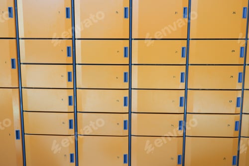 Preview: orange color storage box in public place. safe storage locker for shopping malls