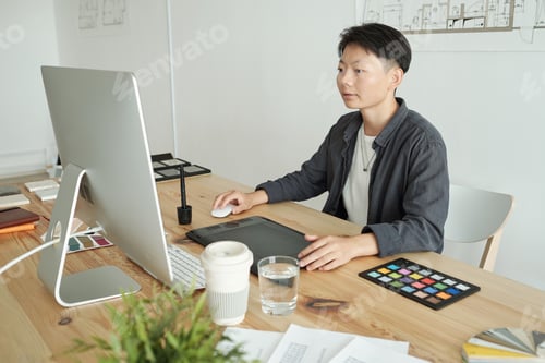 Preview: Young Chinese female designer sitting in front of computer monitor