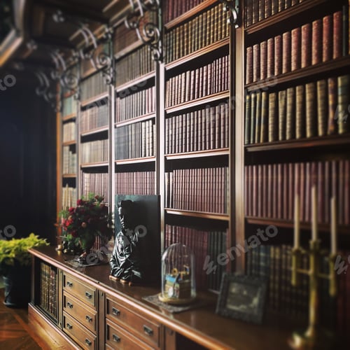 Preview: Bookshelf filled with books near a drawer with flower pot, statue and candle on it in
