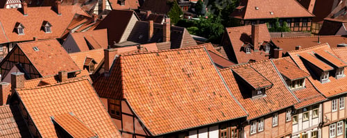 Preview: Scenic panoramic view traditional shingle tiled red rooftop old ancient medieval european german