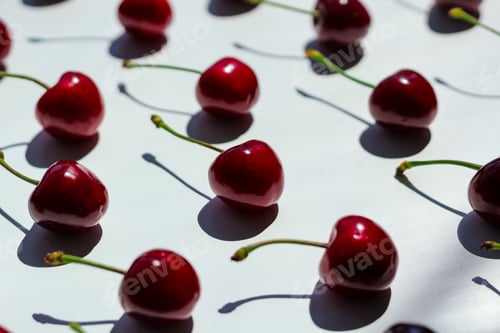 Preview: Layout of red cherry berries with contrasting shadows.