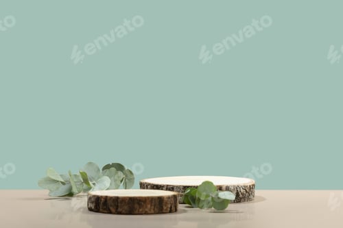 Preview: Wood slice podium on blue background for cosmetic product mockup