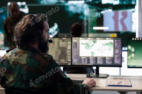 Preview: Military personnel operating on CCTV reconnaissance system in command post
