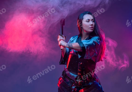 Preview: Woman samurai in fight pose with katana