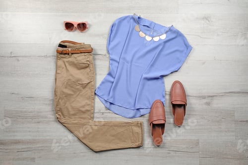 Preview: Set of stylish clothes and accessories on wooden floor, flat lay
