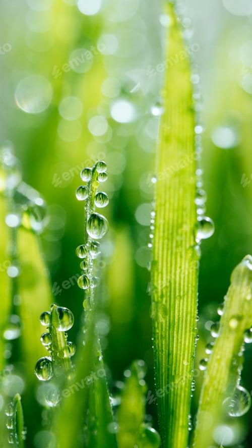 Preview: Wet spring green grass backround with dew lawn natural.