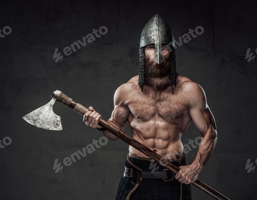 Preview: Muscular viking posing holding his axe in dark background