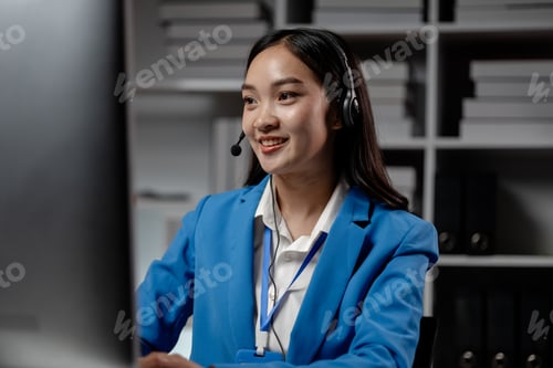 Preview: Asian woman wearing headphones and talking to customers. Call center employees answer the phone to h