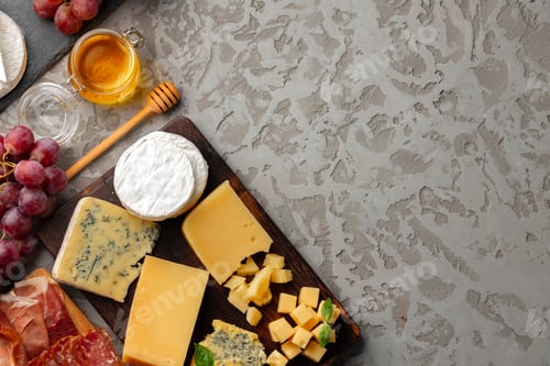 Preview: Cheese served with grapes and honey on grey surface