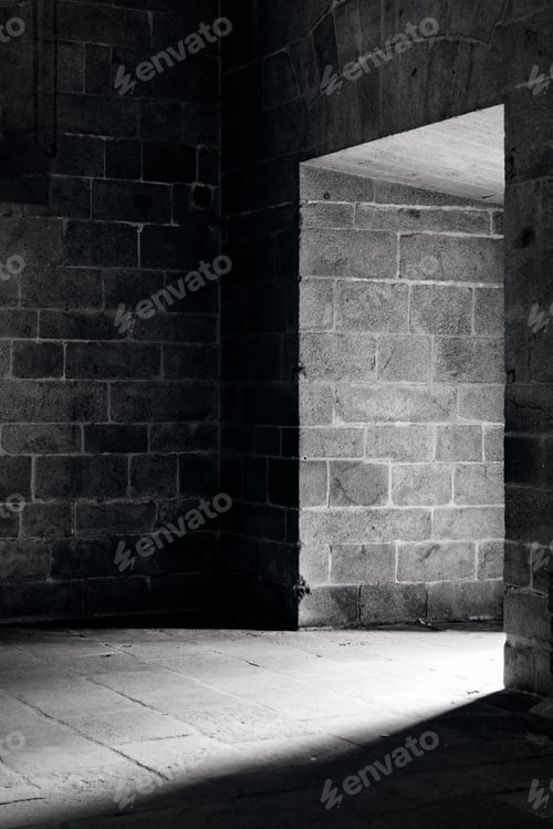 Preview: Scary view of hollow on old stone wall in church with deep shadows