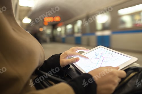 Preview: Tablet in female hands showing subway map in underground