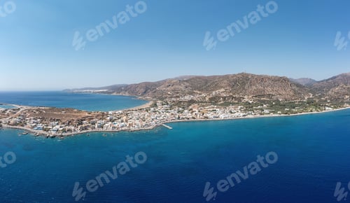 Preview: Palaiochora town, Crete island Greece. Aerial drone panoramic view of sea water, seaside building.