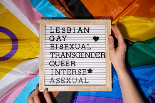 Preview: LGBTQIA description frame on Rainbow LGBTQIA flag made from silk material. LESBIAN, GAY, BISEXUAL