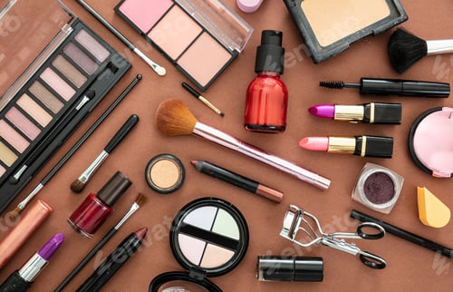 Preview: Make up cosmetics products against brown color background
