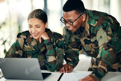 Preview: Military staff, diversity and laptop with collaboration, teamwork and smile from soldier draft. Com