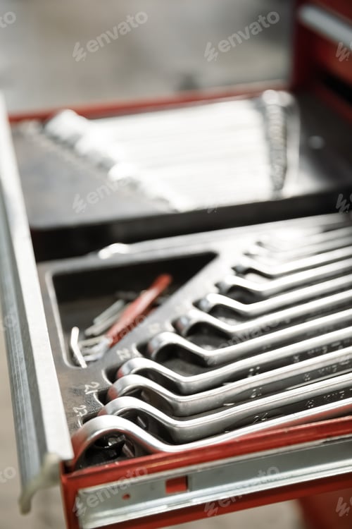 Preview: Professional red toolbox. A set of tools for repair in car service.