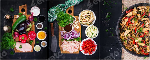 Preview: Ingredients for stir fry with chicken, eggplant, zucchini and sweet peppers