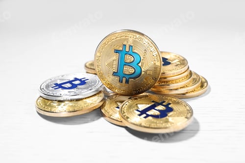 Preview: Golden and silver bitcoins on wooden table, closeup. Digital currency