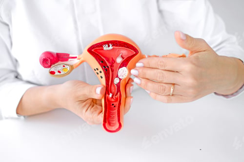 Preview: A gynecologist demonstrates neoplasms on a model of a female uterus to interns and students.