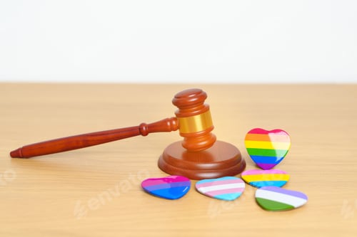 Preview: gavel justice hammer with rainbow colorful heart shape for Lesbian, Gay