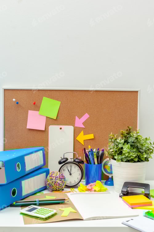 Preview: Work place of a creative person with a variety of colorful stationery objects