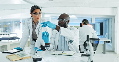 Preview: Collaboration, experiment and people with chemical, lab and serious for breakthrough, liquid or not
